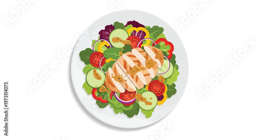 Vibrant and Fresh Grilled Chicken Salad Presentation on a White Plate with a Variety of Crisp Vegetables and a Light Dressing Drizzled Over the Top