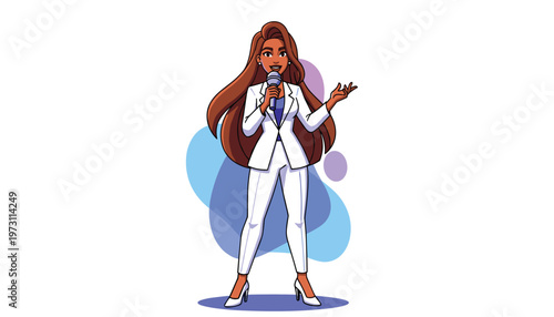 Vector professional female news reporter or presenter holding a microphone in a white suit