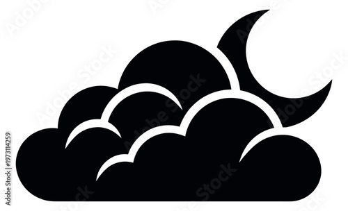 Simple graphic illustration of a cloud and crescent moon depicting a cloudy night for weather applications