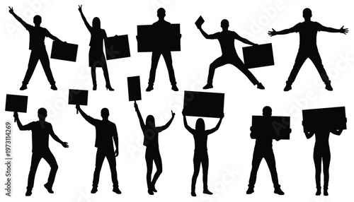 Vector silhouettes of people holding signs and placards