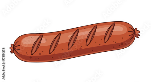 Delightful cartoon-style illustration of a plump, browned sausage with five diagonal scored cuts along its length, a culinary delight