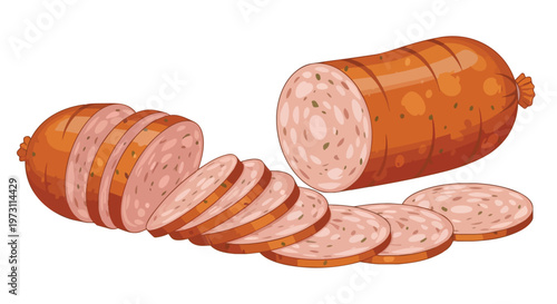 Artistic Rendition of Sliced Sausage Links with Detailed Texture and Vibrant Hues on a Clean White Background for Culinary Display