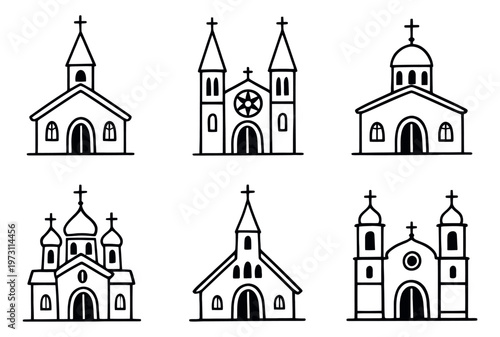Hand drawn line art church icon set featuring various building styles for religious design