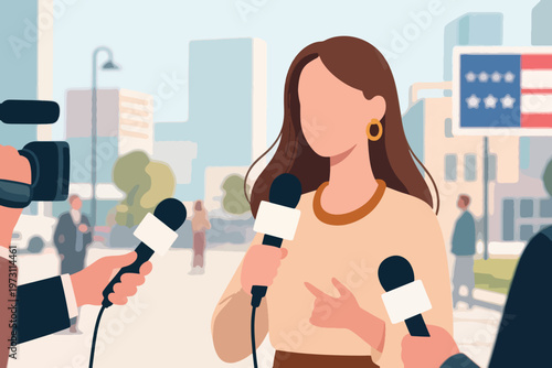 Female spokesperson interviewed outdoors with microphones and camera in city setting, stylized vector illustration.