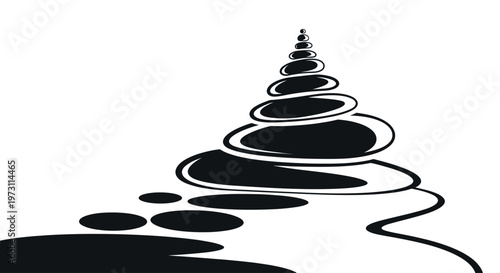 Stylized black and white depiction of stacked stones forming a conical shape