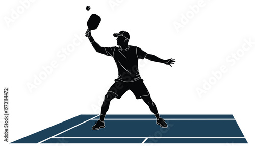 Vector silhouette of a pickleball player hitting the ball on a court