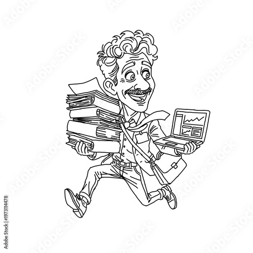 Minimalist black line art caricature of a man running with a stack of books and laptop. Energetic professional in a hurry on white background. Creative vector for education and busy multitasking lifes