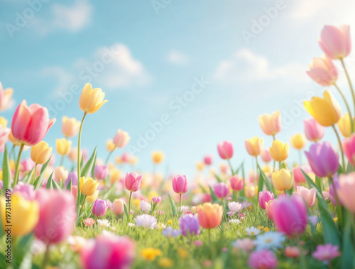 Vibrant field of colorful tulips in full bloom under a bright blue sky with soft clouds, embodying the beauty and freshness of spring.