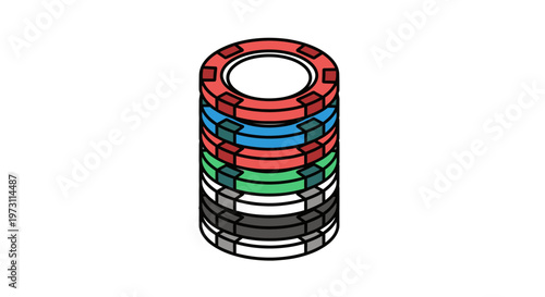 A stack of colorful circular casino chips in red, blue, green, gray, and black