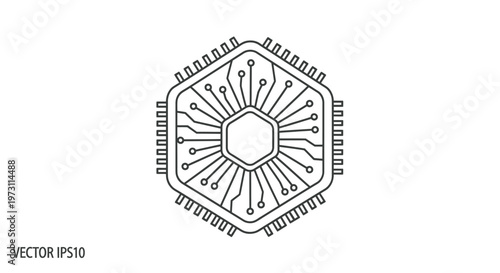 Stylized hexagonal microchip with radiating circuit pathways and external pins