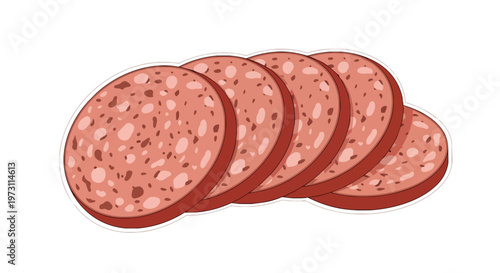 A cluster of perfectly sliced cured sausage rounds with a savory speckled texture presented on a clean white background for culinary presentations