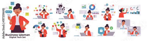 Business woman digital and technology set vector illustration collection