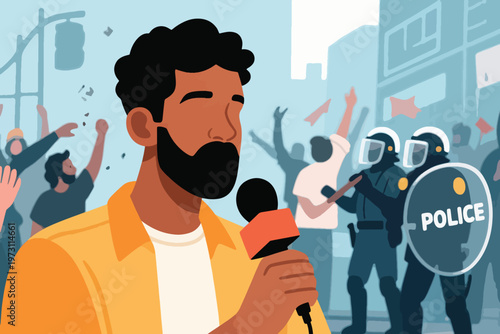 Reporter with microphone covering protest and police presence in urban street, stylized vector illustration.