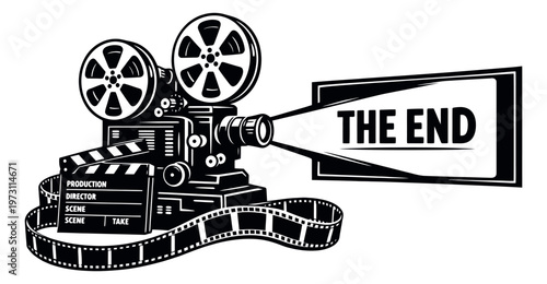 Retro style line art illustration of a film projector and clapperboard depicting "The End" screen for cinema