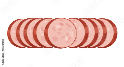 A row of perfectly sliced, juicy sausage links presented in a neat circular arrangement against a clean white background