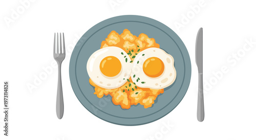 A Delectable Plate of Scrambled Eggs Accompanied by Crispy Fried Potatoes and Fresh Green Herbs, Ready for Enjoyment
