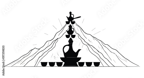 Traditional coffee ceremony set against a mountain backdrop, symbolizing cultural heritage.