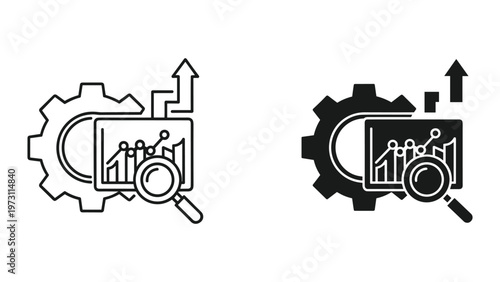 Two black and white icons depicting a gear with a screen and magnifying glass highlighting business growth and analysis