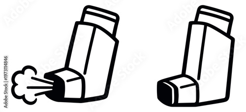 Line art asthma inhaler set featuring an inhaler spraying medicine and another at rest for medical and healthcare design