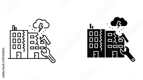 Two black and white illustrations of a damaged building with a wrench and lightning storm