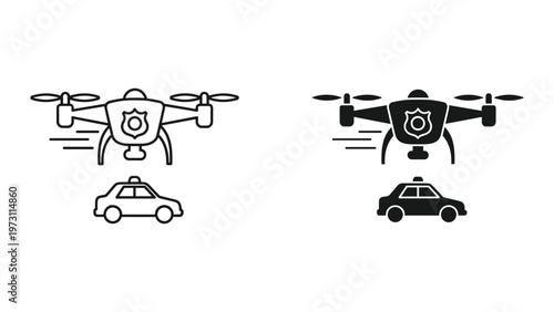 Two police drones and their corresponding police cars are shown in a simple line drawing style and a solid black style on a white background