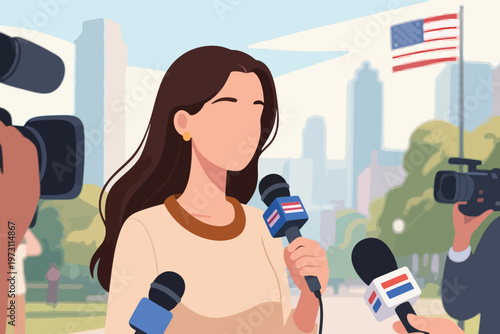 Female spokesperson interviewed outdoors with multiple microphones and camera in city park, stylized vector illustration.