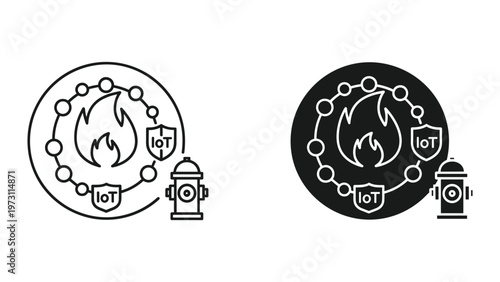 Two black and white icons depicting a flame surrounded by a circle of dots and shields with IoT labels next to a fire hydrant on a plain white background