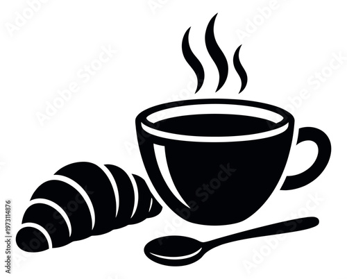 Graphic breakfast items set featuring a steaming coffee cup, a croissant, and a spoon for cafe and restaurant menus