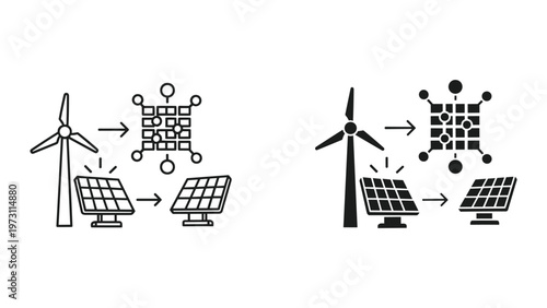 An infographic illustration showing the process of converting wind and solar energy into a molecular structure