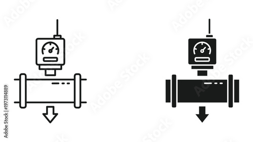 Two black and white line icons depicting meters measuring water or gas flow through pipes with downward arrows