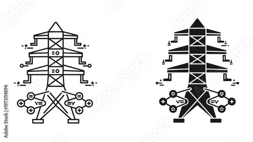 Two identical electrical towers with plus and minus signs and various electrical symbols around them in black and white