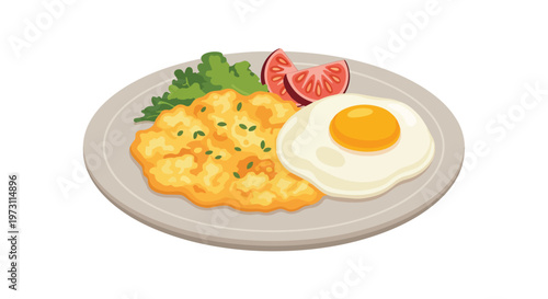 A delightful illustration of a breakfast plate featuring fluffy scrambled eggs, crisp lettuce, juicy tomato slices, and a perfectly fried egg,