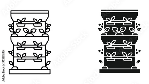 Two black and white illustrations of vertical garden planters with multiple tiers of leafy plants growing out of them