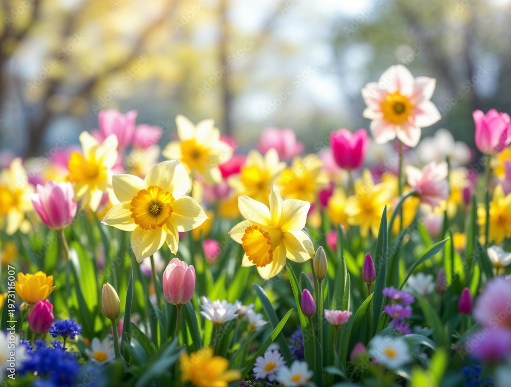 Obraz premium Bright and colorful spring meadow filled with yellow daffodils, pink tulips, and other vibrant blossoms under a sunny sky