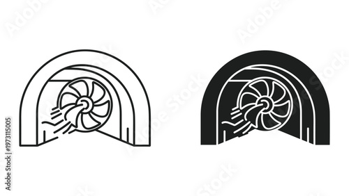 Two black and white illustrations of a hand holding a turbine fan in an arched tunnel