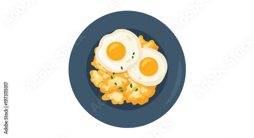 A Simple Flat Illustration of Two Sunny-Side Up Eggs Served on a Bed of Savory Crispy Potatoes with Garnish