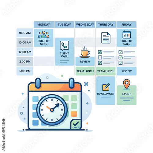 Colorful calendar with clock schedule.
