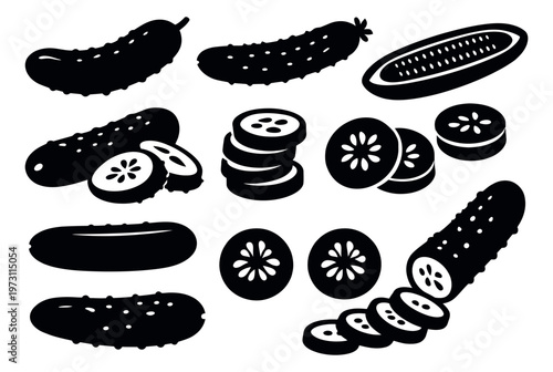 Graphic cucumber set featuring whole, cut, and sliced pieces for food and healthy eating designs