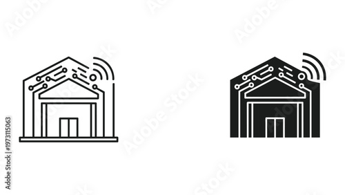 Two black and white line art illustrations of a building with a neural network on the roof and Wi-Fi signals emanating from it