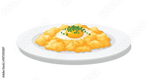 A visually appealing illustration of a plate of scrambled eggs with chives and a fried egg on top served on a white plate.