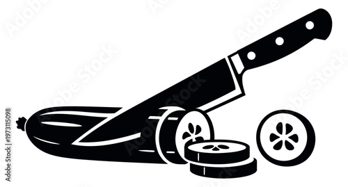 Silhouette illustration of a cucumber and knife depicting slicing for food preparation