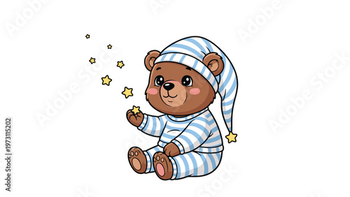 Cute brown teddy bear in striped blue and white pajamas and a matching nightcap reaching for small yellow glowing stars in the sky.