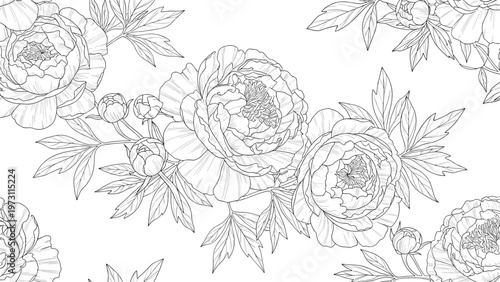 Elegant seamless pattern of hand-drawn peony flowers and buds in black and white line art style for botanical background design.