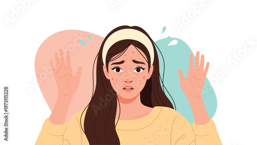 Young woman looking stressed and worried while touching her face covered with red acne spots against a soft and colorful background.