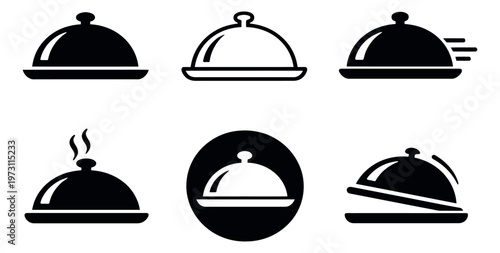 Graphic food cloche icon set featuring hot, fast delivery, and open designs for restaurant and catering businesses