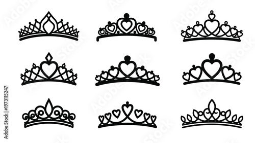 Comprehensive set of elegant black silhouette tiaras and crowns with heart and teardrop designs for princess or royal themes.