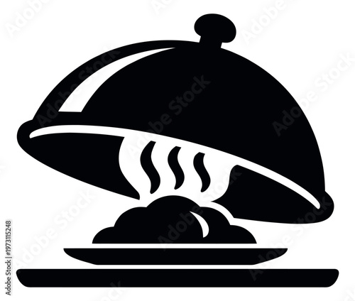 Minimalist illustration of a food cloche and platter depicting a steaming hot meal for restaurant service