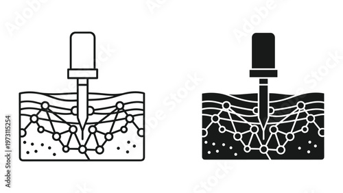 A detailed illustration of a microneedling process depicted in two contrasting styles on a clean white background