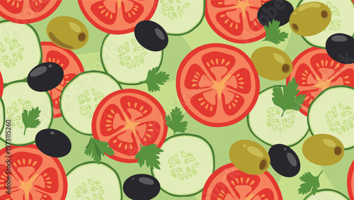 Seamless pattern of fresh vegetable slices including red tomatoes green cucumbers and olives on light green background.