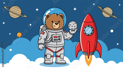 Adorable teddy bear astronaut in space suit stands by red rocket ship holding a small moon in outer space setting.